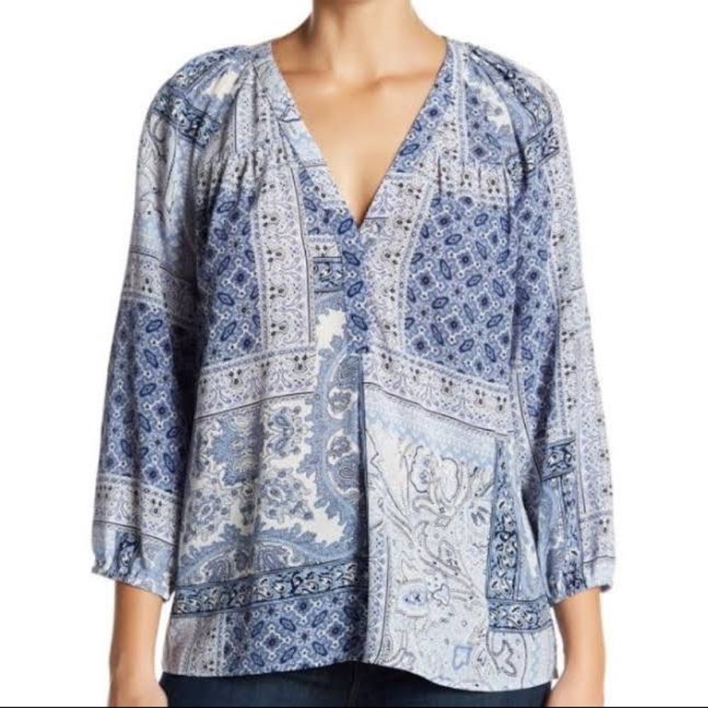 Joie white and blue silk paisley patchwork blouse